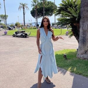 ZARA WOMANS SS22 PASTEL BLUE SLIT RUFFLED MIDI DRESS SZ M